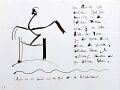 Christa auf der Brücke auf dem Pferd am Seitenkanal des Nils — 1988, Tusche auf Papier, aus dem Reisebuch Ägypten, 20×30 cm