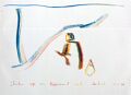 Christa sitzt am Meeresrand und studiert — 1990, Bunte Linie auf Papier, aus dem Antigua-Reisebuch, 20×30 cm