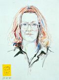 Skizze zum Portrait von Lisette Lardelli, der Galeristin der Kinderkunstgalerie Off Limits — 1990, Mischtechnik auf Papier, 30×40 cm