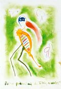 Reiher präsentiert den Frühling — 1991, Mischtechnik auf Papier, 20×30 cm