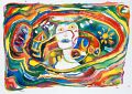 Selbstportrait im Weltfisch — 1992, Mischtechnik auf Bütten, 30×40 cm