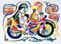 Familie auf dem Töff — 1992, aus dem Bali-Reisebuch, Mischtechnik auf Papier, 30×40 cm
