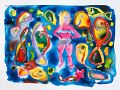 Touristin und Haifische, Bali — 1992, aus dem Bali-Reisebuch, Mischtechnik auf Papier, 30×40 cm