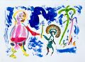 Tourist schenkt einem Kind seine Zahnbürste — 1992, aus dem Sri-Lanka-Reisebuch, Mischtechnik auf Papier, 30×40 cm