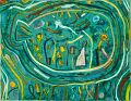 Weltfisch im Grünen — 1996, Bunte Linie und Aquarell auf Büttenpapier, 30×40 cm