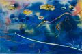 Später Abend über dem Zürichsee — 1996, Bunte Linie und Aquarell auf Büttenpapier, 30×40 cm