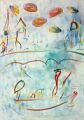 Reiher im Fischerboot vor Zürich, 5. Version — 1996, Bunte Linie und Aquarell auf Büttenpapier, 40×60 cm