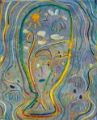 Hirte mit fliegenden Kühen im Weltfisch — 1996, Bunte Linie und Aquarell auf Büttenpapier, 40×60 cm