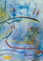 Reiher auf Fischerboot in Zürich, 3. Version — 1996, Bunte Linie und Aquarell auf Büttenpapier, 40×60 cm
