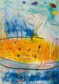 Frosch und Reiher — 1996, später als Teilbild für den Bildweg in Borken verwendet, Bunte Linie und Aquarell auf Büttenpapier, 40×60 cm