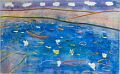 Liebespaar auf dem Seerosenteich — 1996, Bunte Linie und Aquarell auf Büttenpapier, 40×60 cm