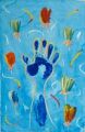Blaue Hand, Version 3 — 1996, Bunte Linie und Aquarell auf Büttenpapier, 40×60 cm