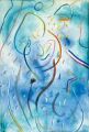 Mutter mit Kind unter der Dusche — 1996, Bunte Linie und Aquarell auf Büttenpapier, 40×60 cm