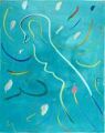 Fliegende Taubenfrau — 1996, Bunte Linie und Aquarell auf Büttenpapier, 40×60 cm