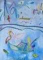 Reiher auf Fischerboot in Zürich — 1996, Bunte Linie und Aquarell auf Büttenpapier, 30×40 cm