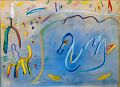 Ein Schwan beobachtet die Böögverbrennung am Sechseläuten — 1996, Bunte Linie und Aquarell auf Büttenpapier, 30×40 cm