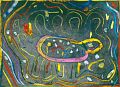 Alle um einen Tisch — 1996, Bunte Linie und Aquarell auf Büttenpapier, 30×40 cm